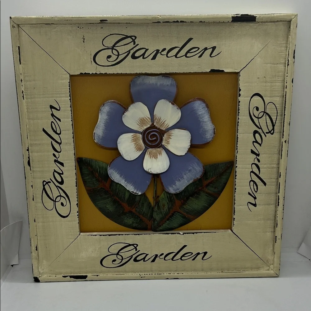 Sculpted Metal Flower Wall Hanging With a Rustic Wooden Frame Size 12x12 inches.
